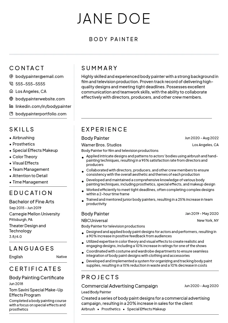 Body Painter resume example