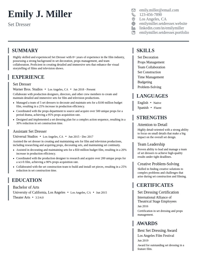 Set Dresser resume example