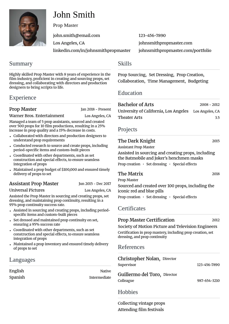 Prop Master resume example