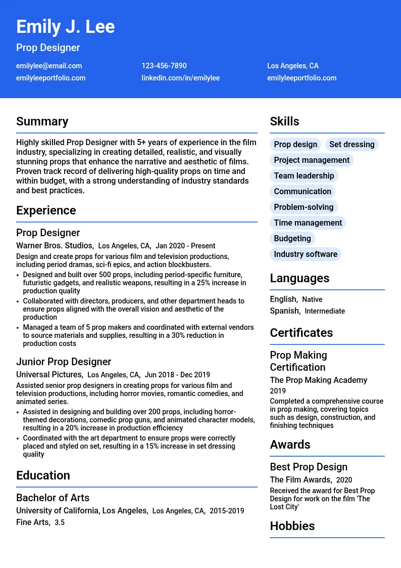 Prop Designer resume example