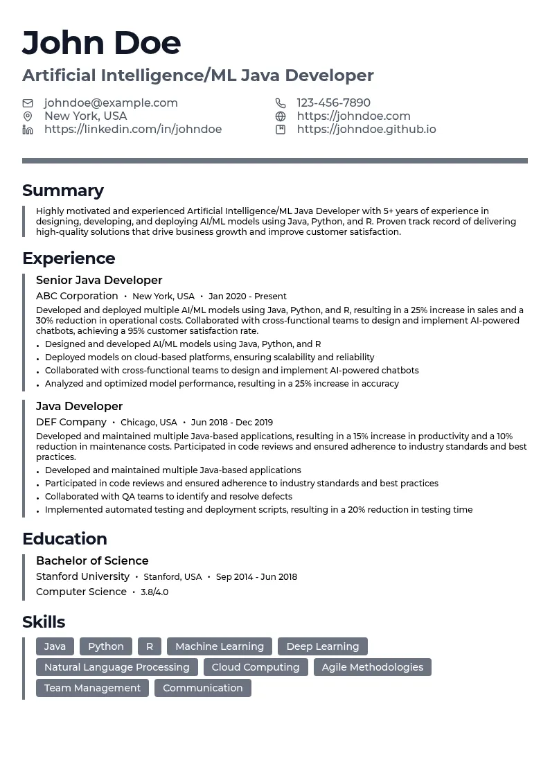 Artificial Intelligence/ML Java Developer resume example