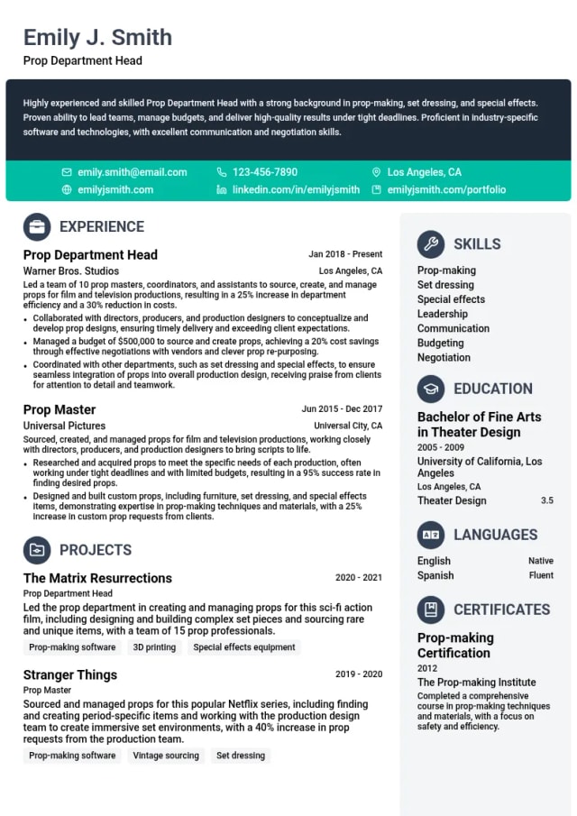 Prop Department Head resume example