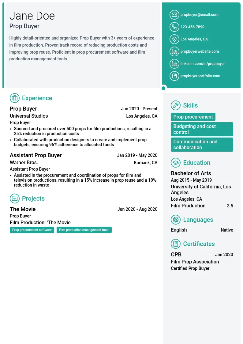 Prop Buyer resume example