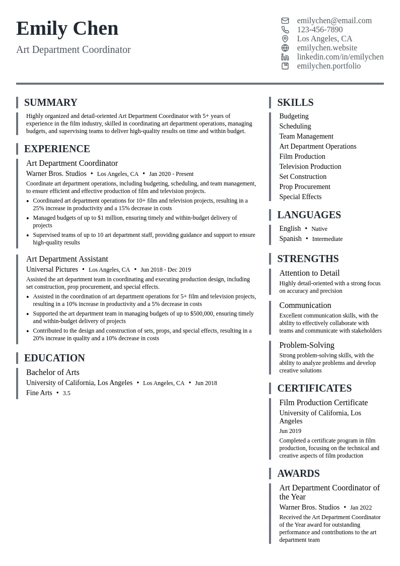 Art Department Coordinator resume example