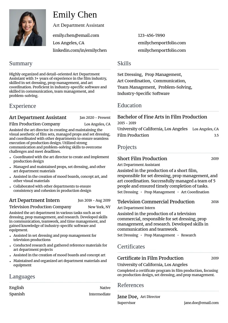 Art Department Assistant resume example