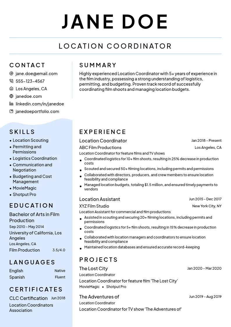 Location Coordinator resume example