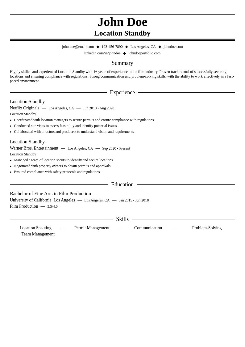 Location Standby resume example