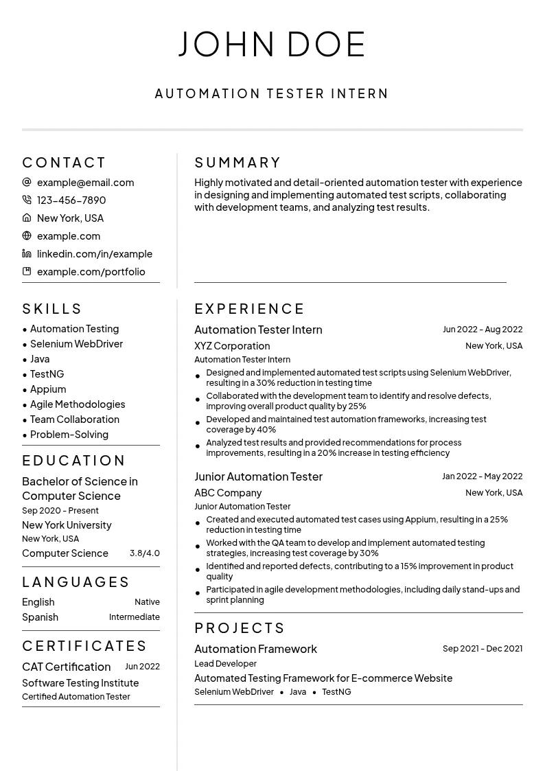 Automation Tester Intern resume example