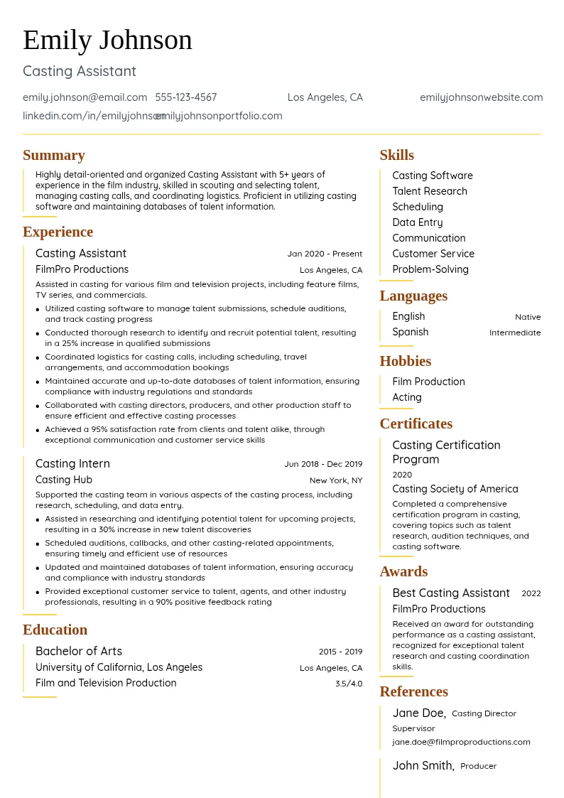 Casting Assistant resume example