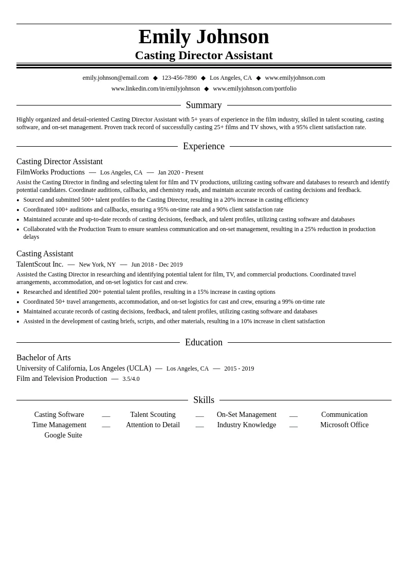 Casting Director Assistant resume example
