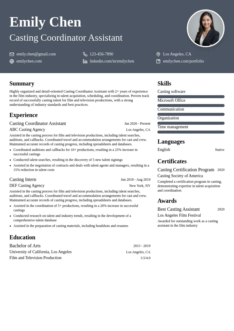 Casting Coordinator Assistant resume example