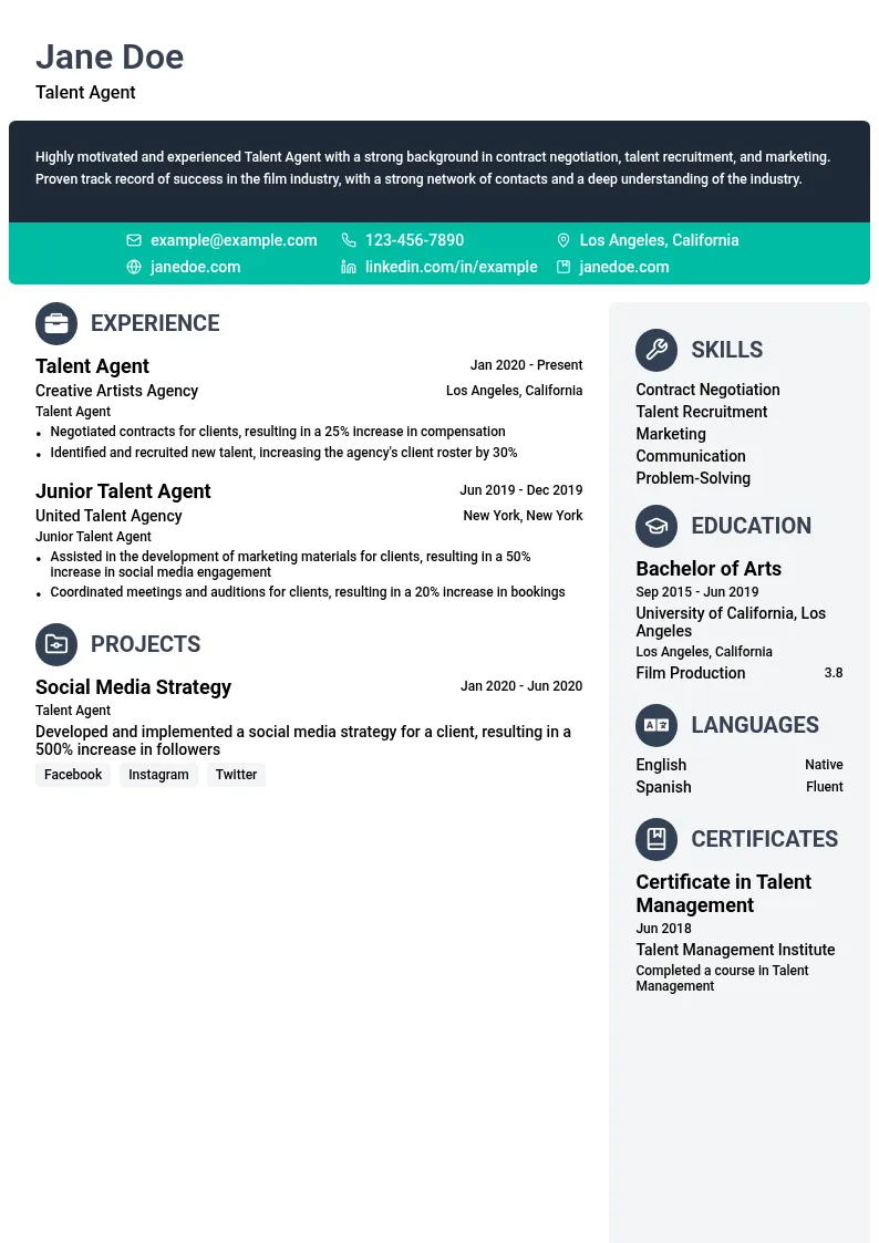 Talent Agent resume example