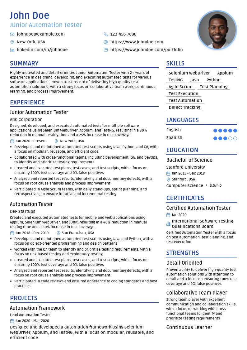Junior Automation Tester resume example