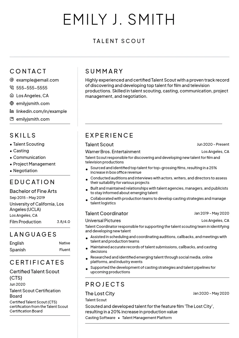 Talent Scout resume example