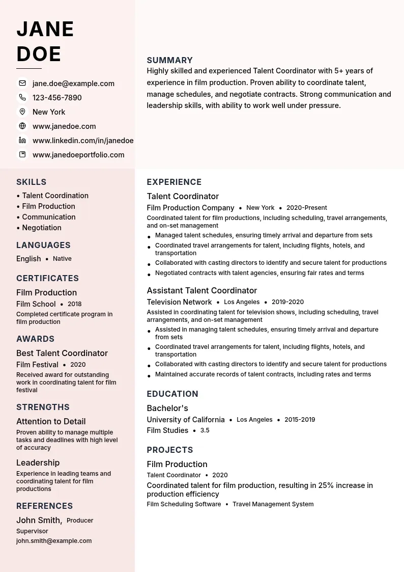 Talent Coordinator resume example