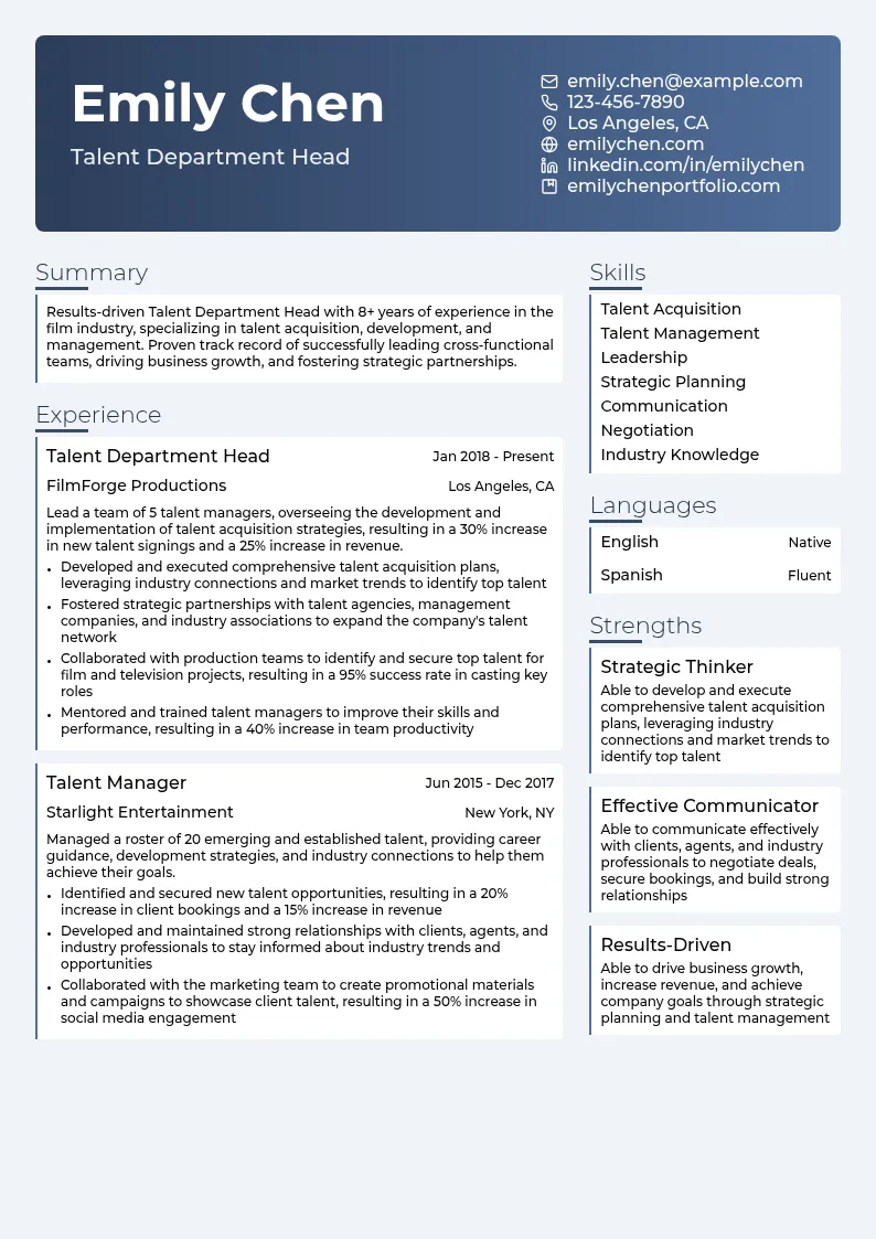 Talent Department Head resume example