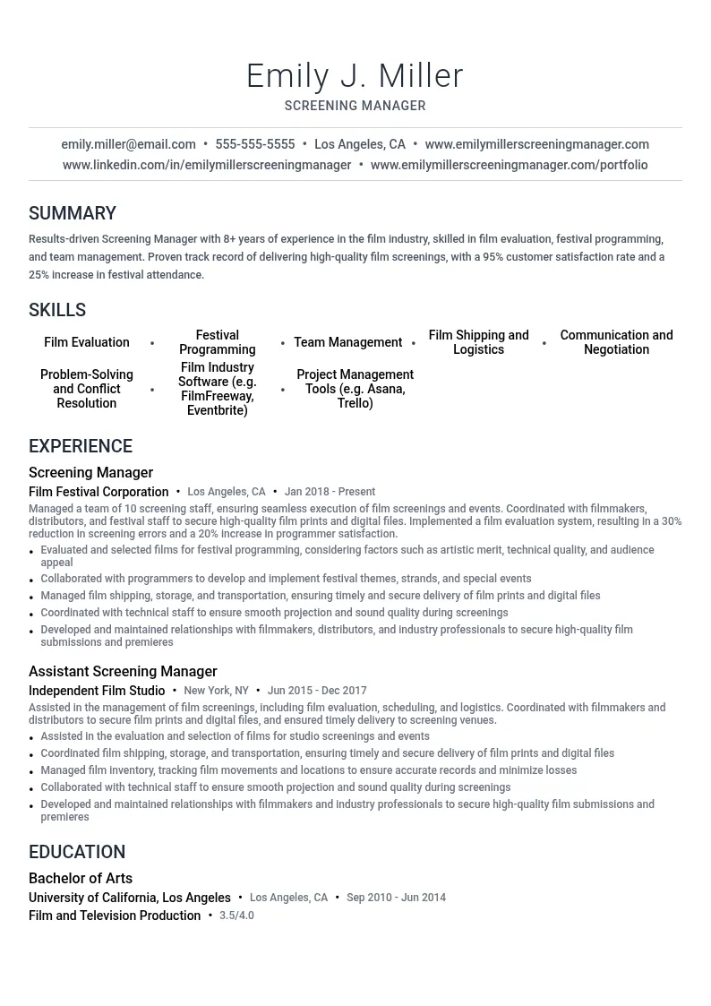 Screening Manager resume example