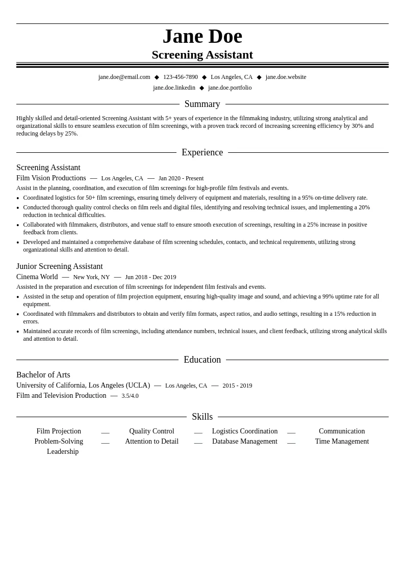 Screening Assistant resume example