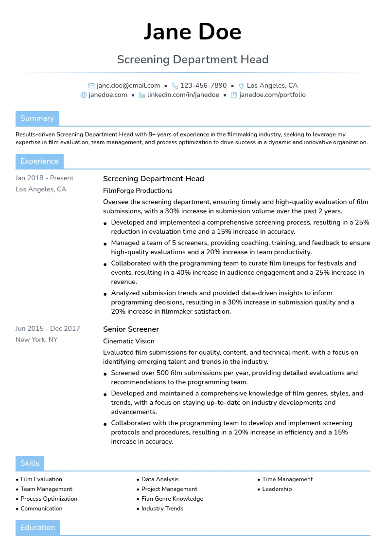 Screening Department Head resume example