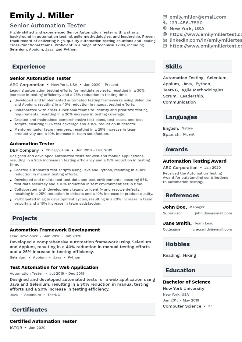 Senior Automation Tester resume example