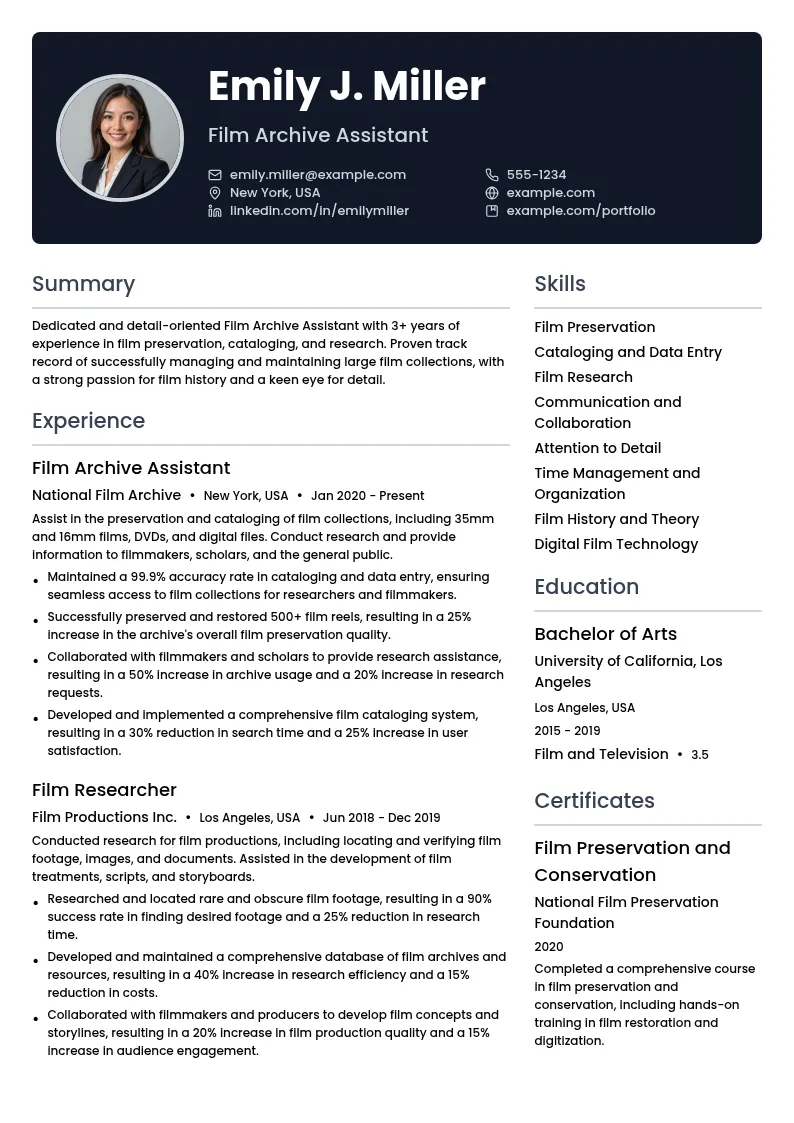 Film Archive Assistant resume example