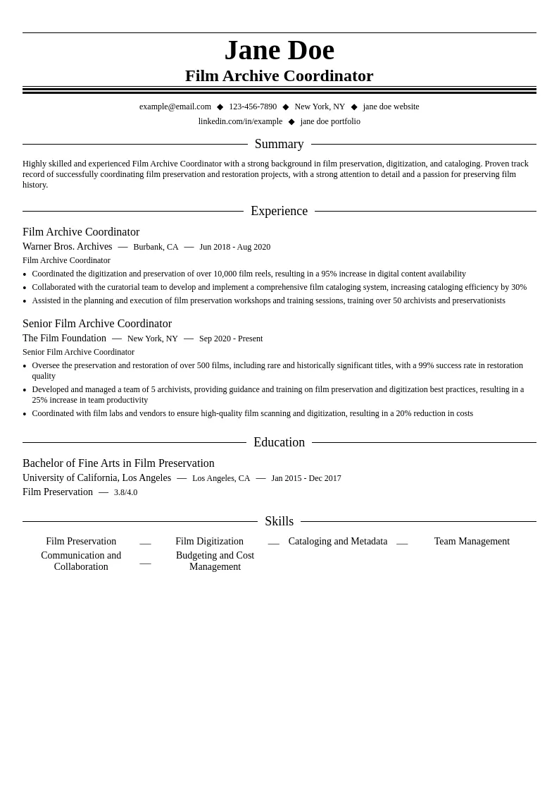 Film Archive Coordinator resume example