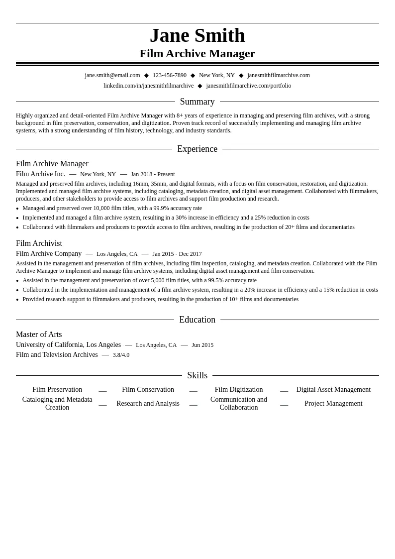 Film Archive Manager resume example