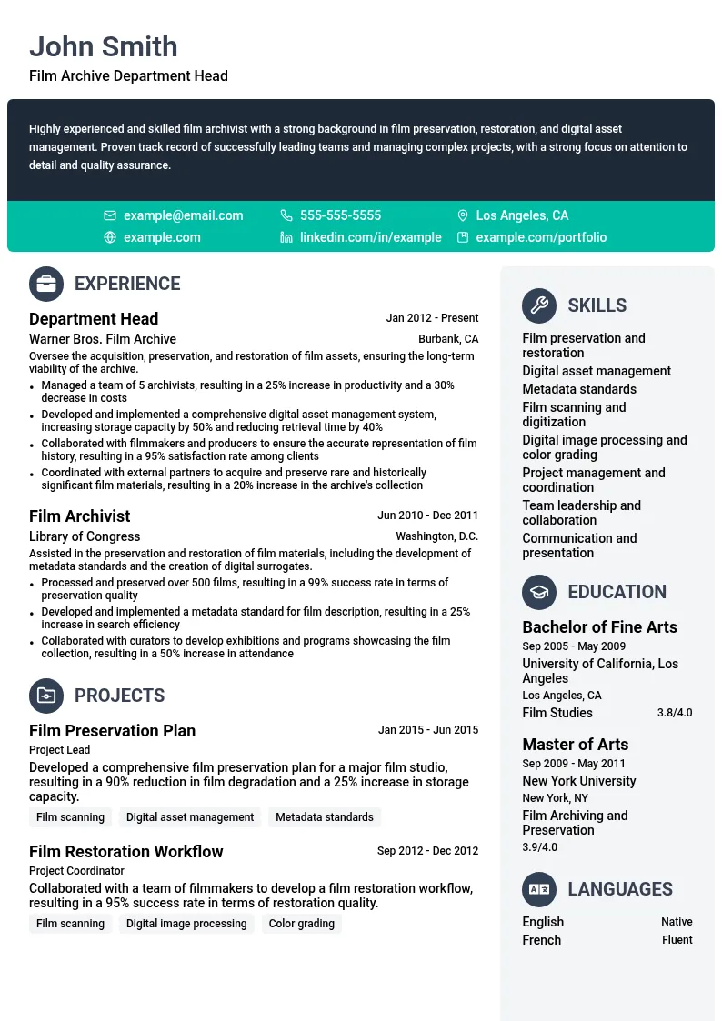 Film Archive Department Head resume example