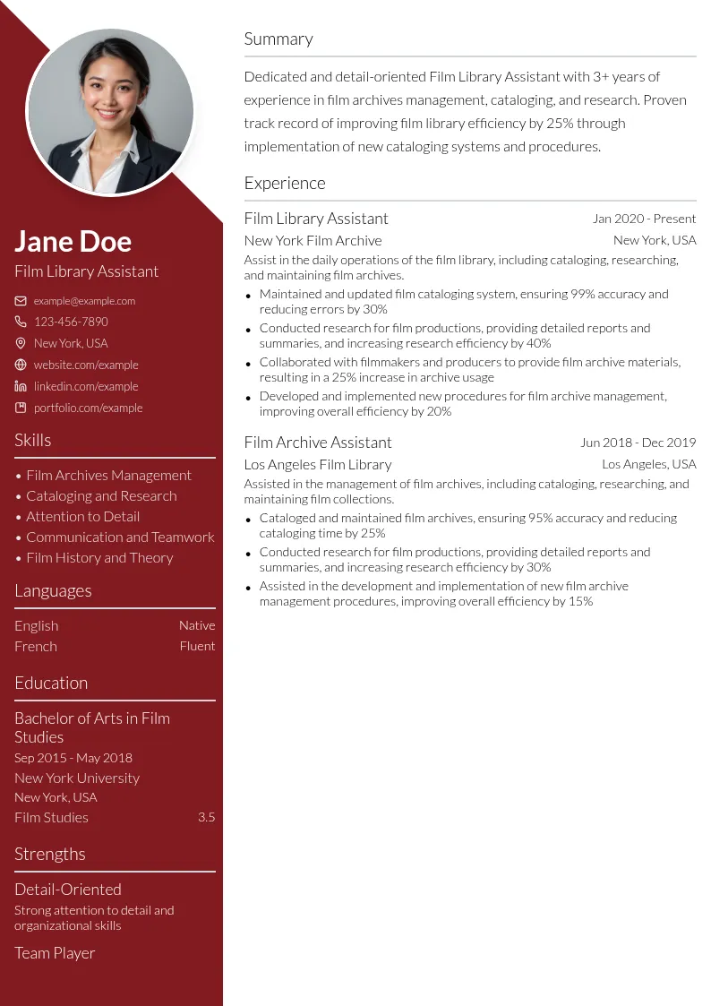 Film Library Assistant resume example