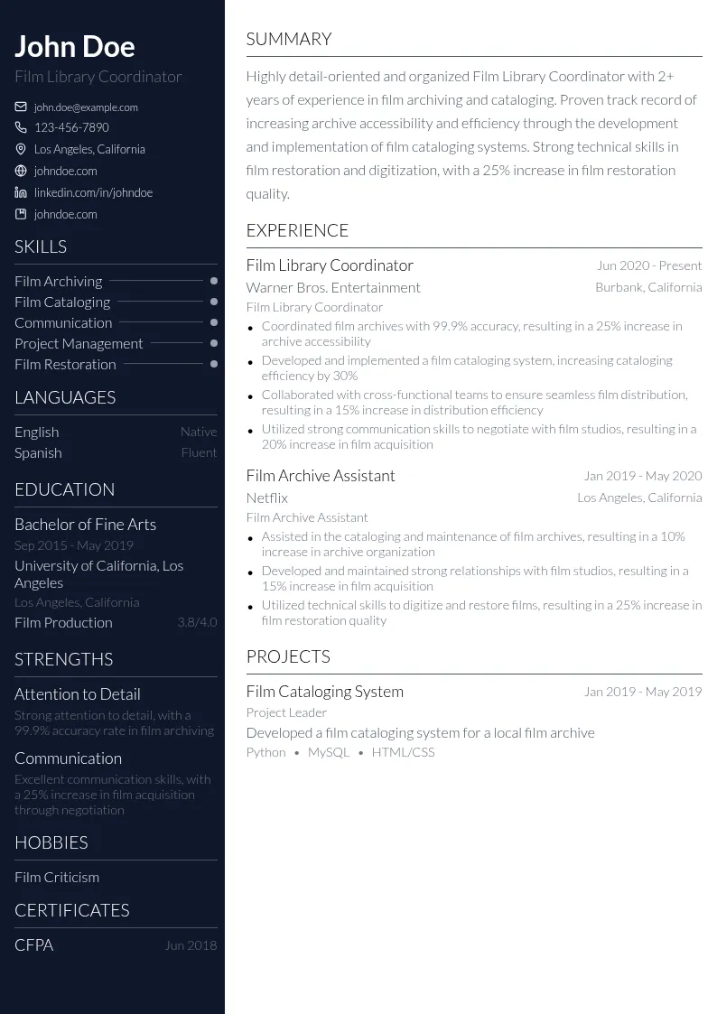 Film Library Coordinator resume example
