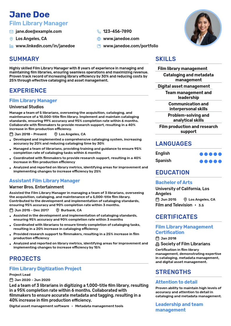 Film Library Manager resume example