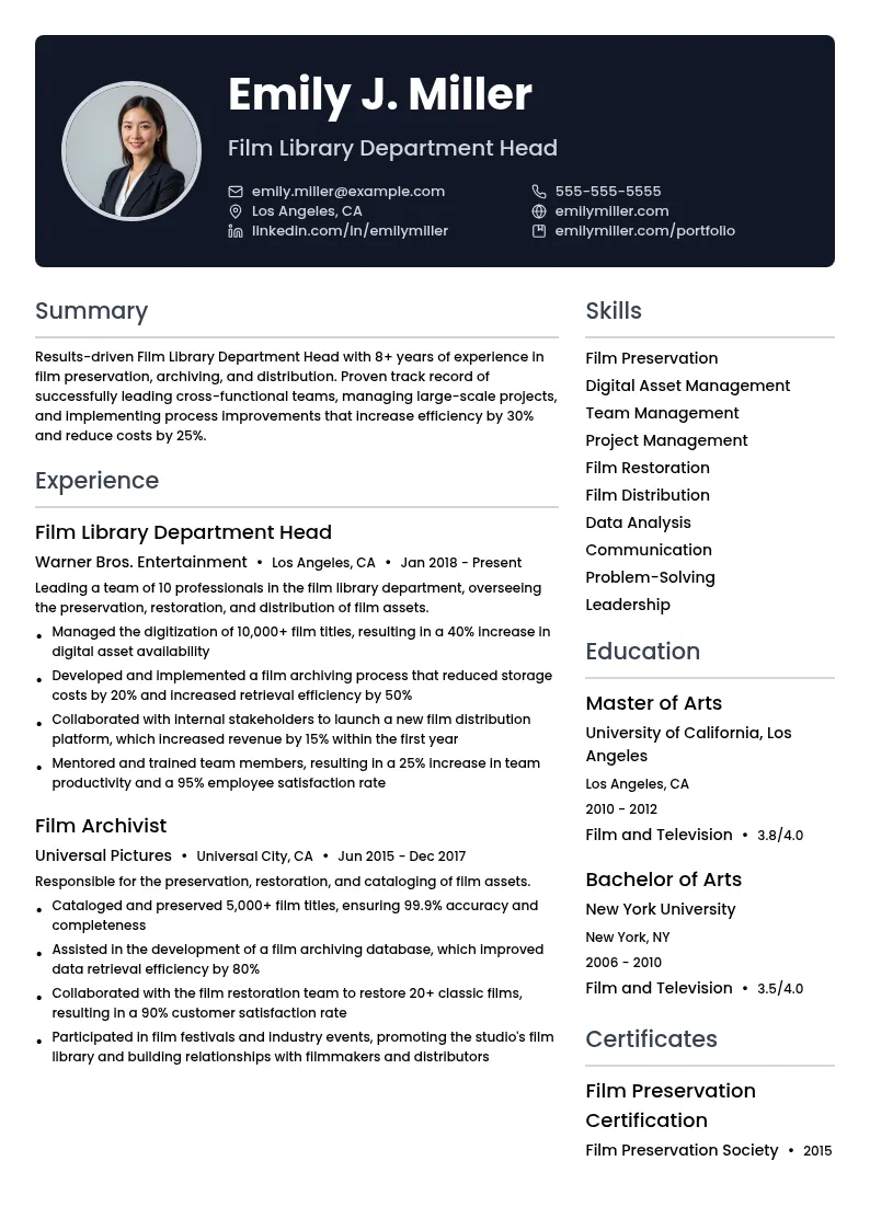Film Library Department Head resume example