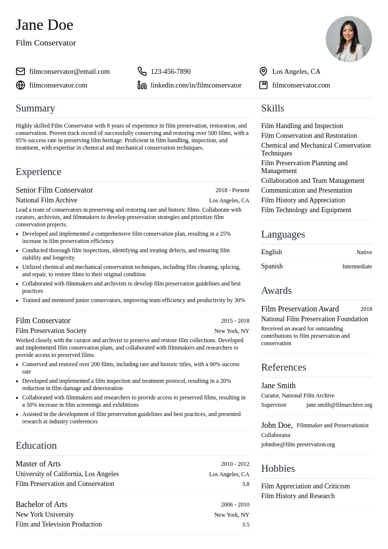 Film Conservator resume example