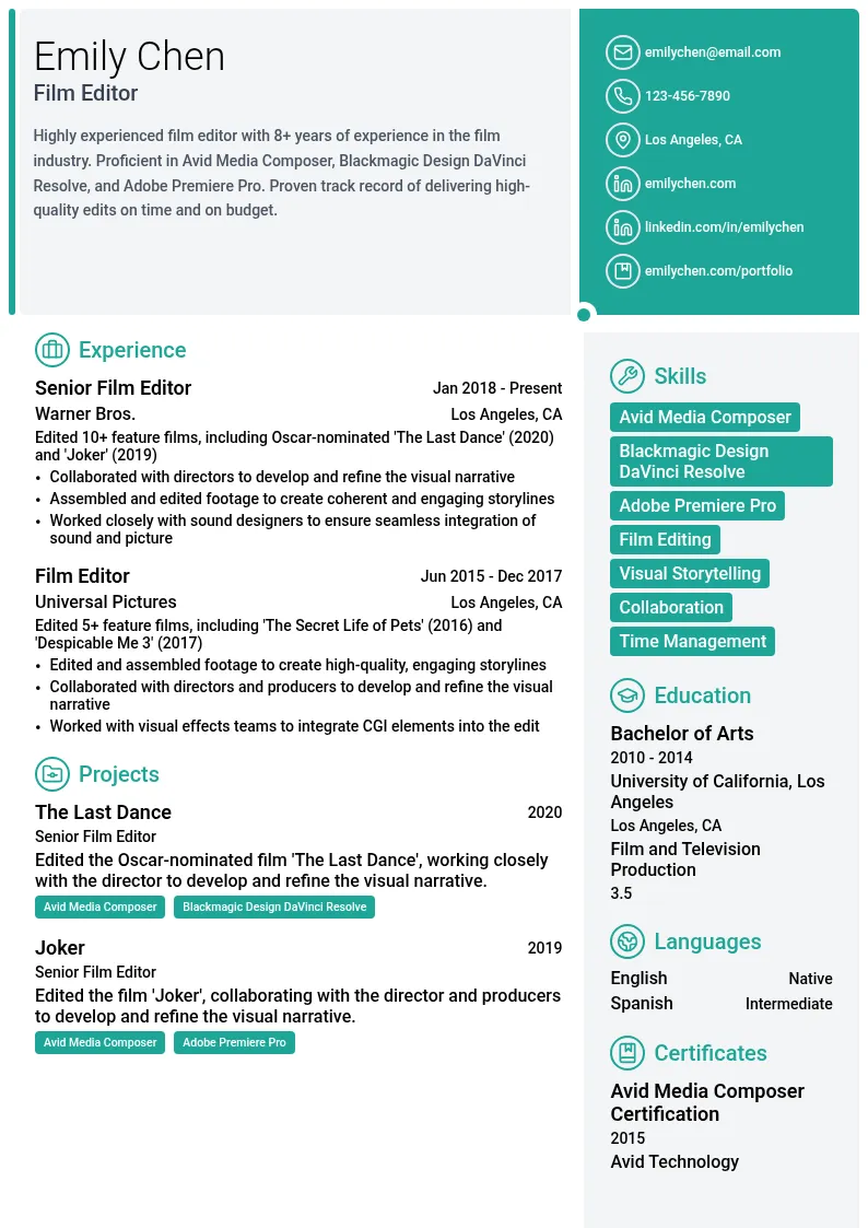 Film Editor resume example