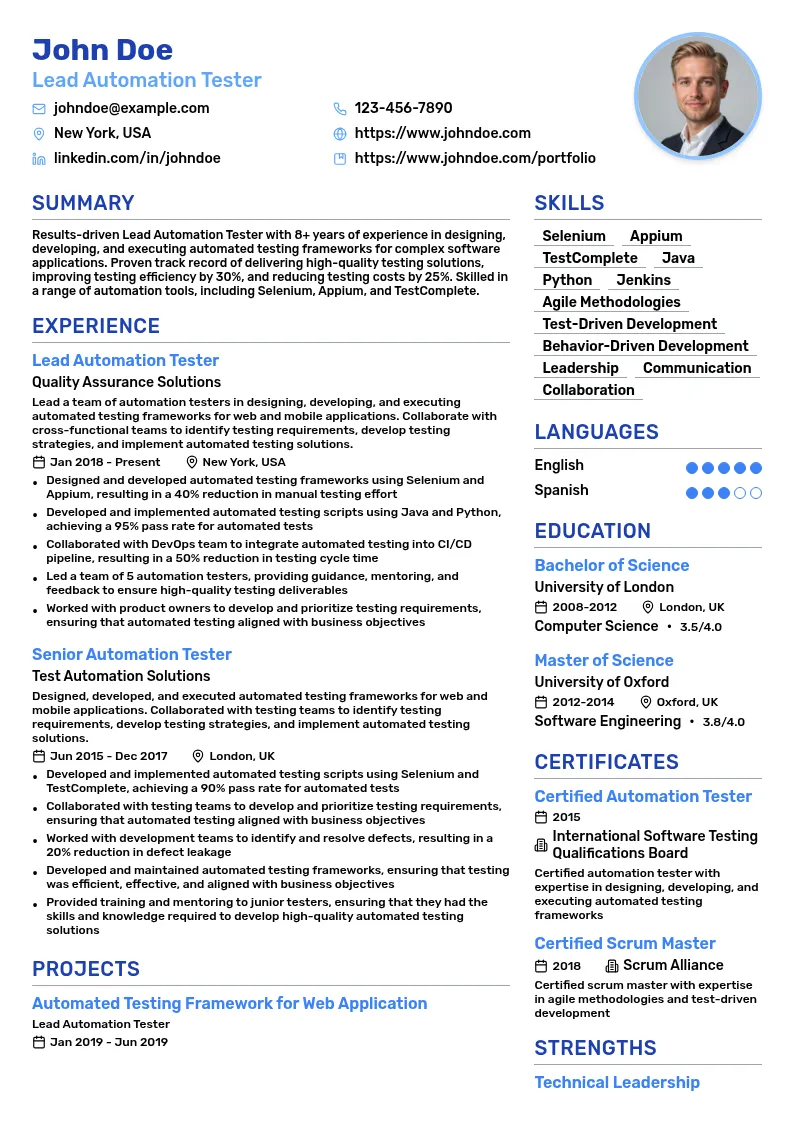 Lead Automation Tester resume example
