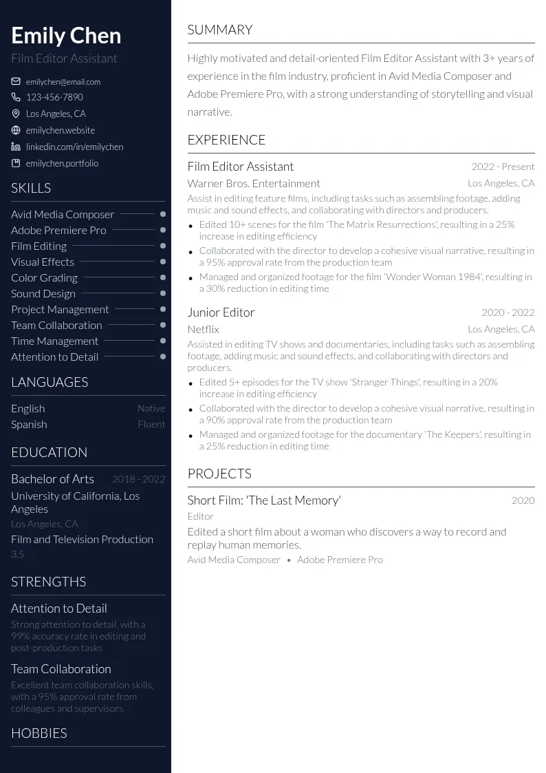 Film Editor Assistant resume example