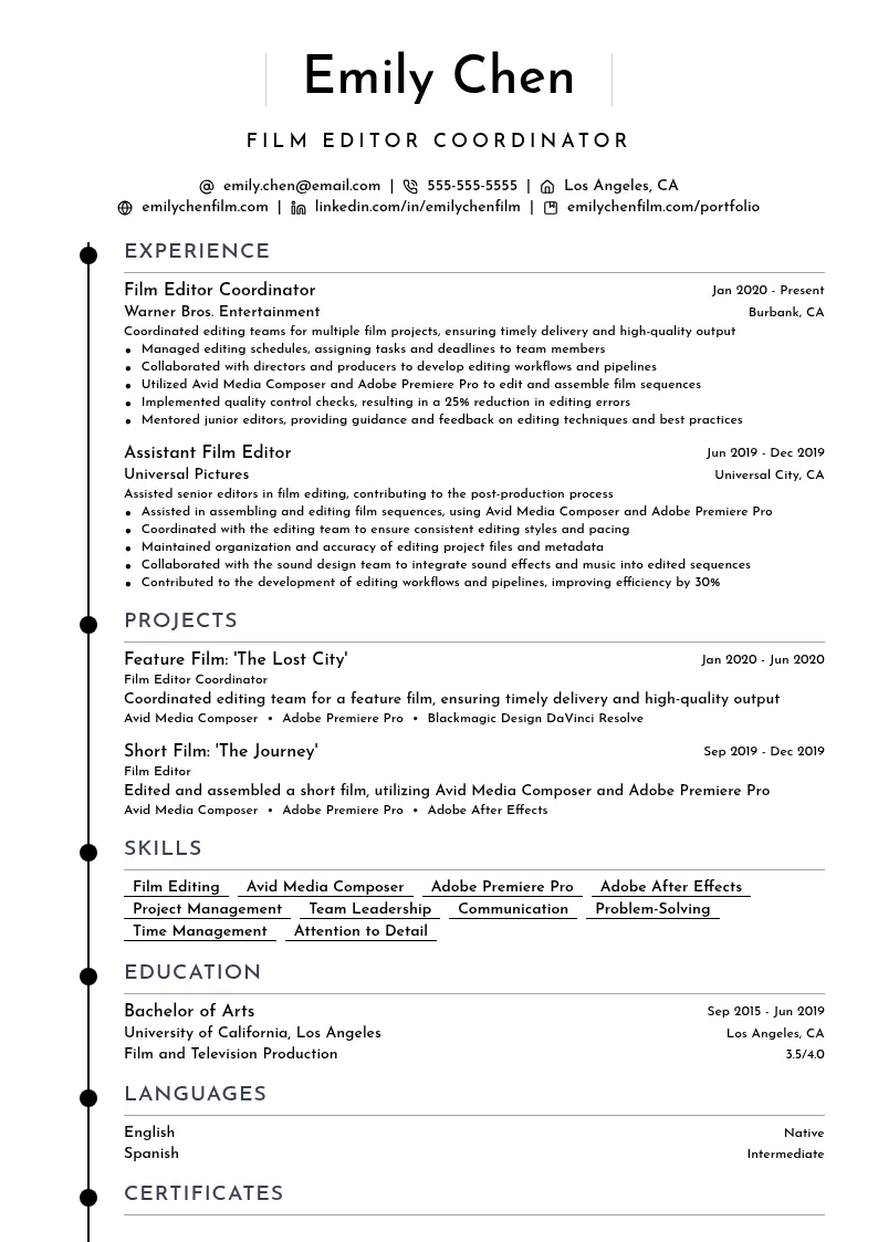 Film Editor Coordinator resume example