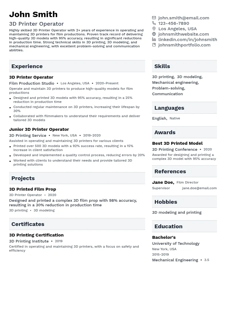 3D Printer Operator resume example