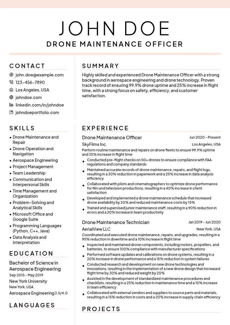 Drone Maintenance Officer resume example