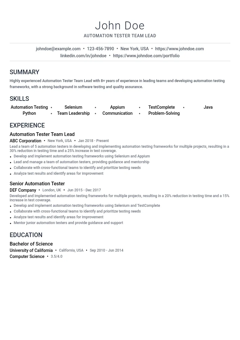Automation Tester Team Lead resume example