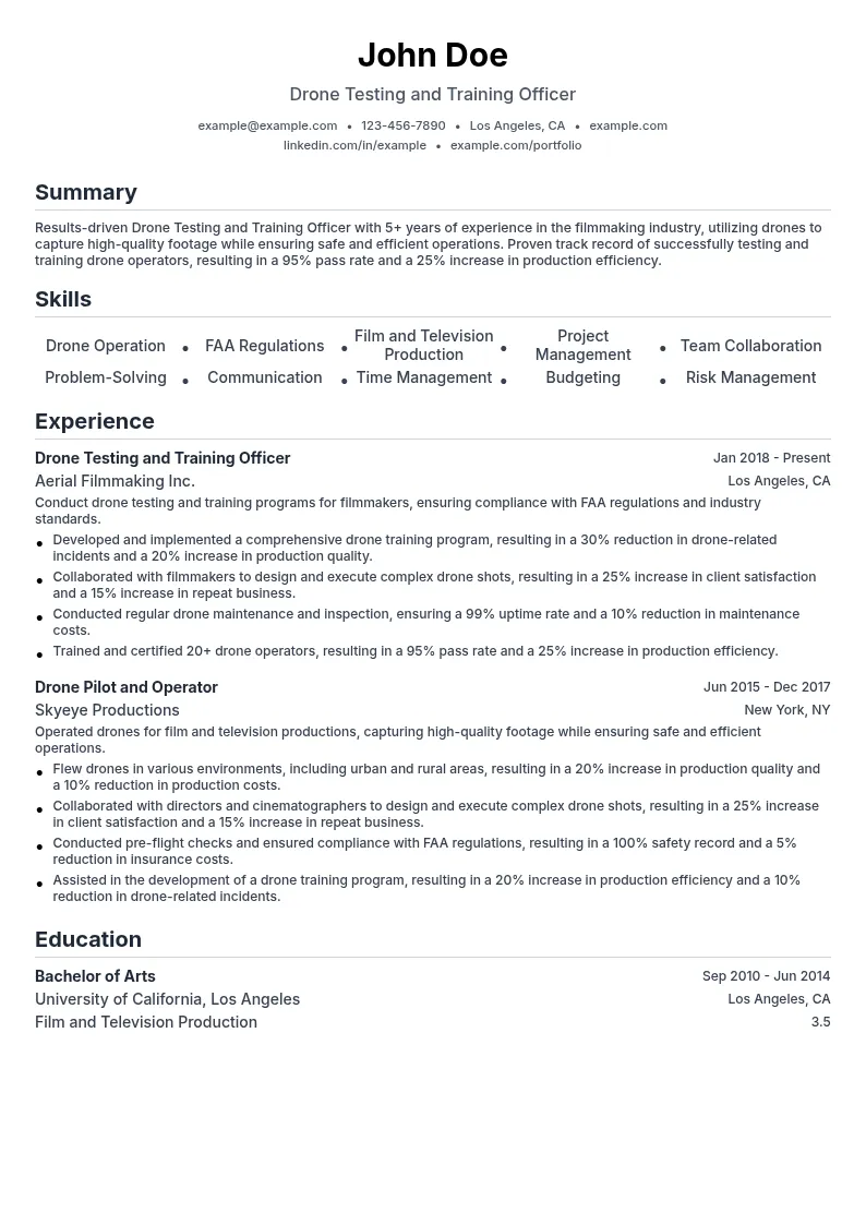 Drone Testing and Training Officer resume example