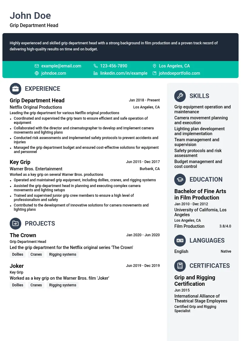 Grip Department Head resume example