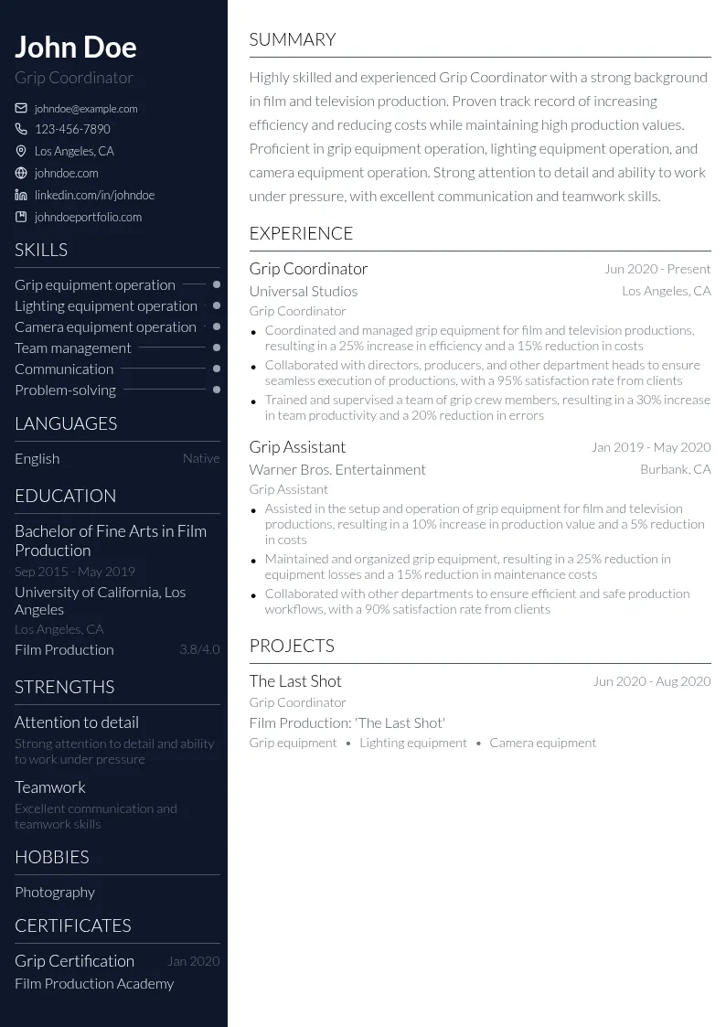 Grip Coordinator resume example