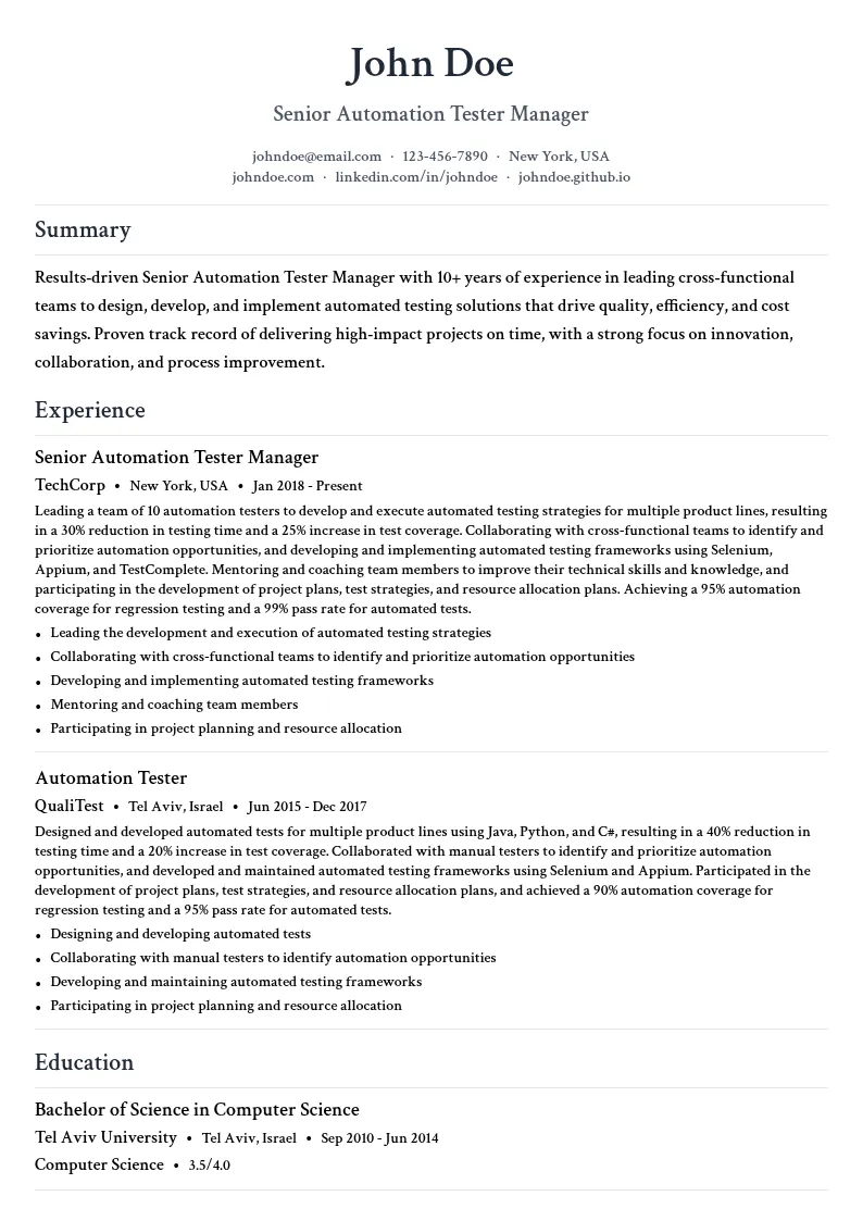 Senior Automation Tester Manager resume example