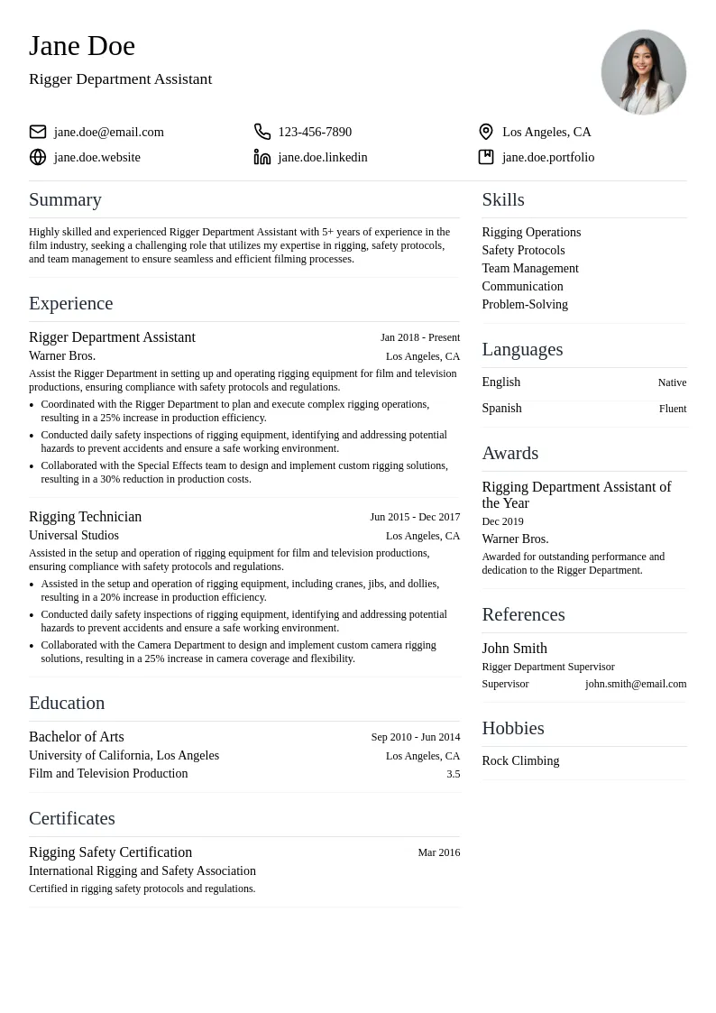 Rigger Department Assistant resume example