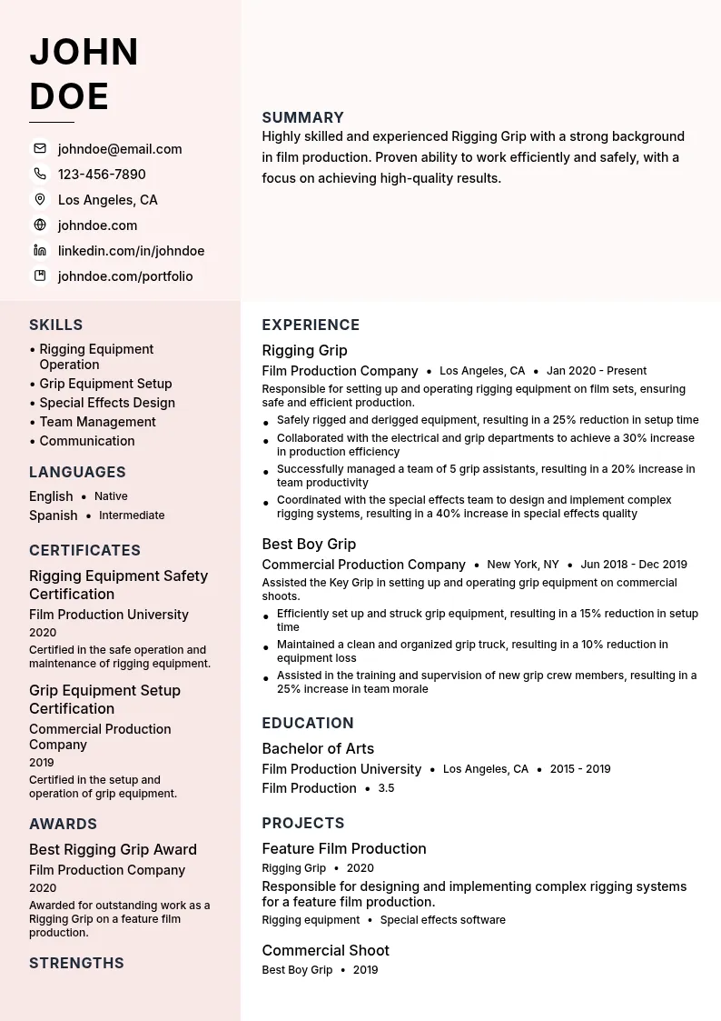 Rigging Grip resume example