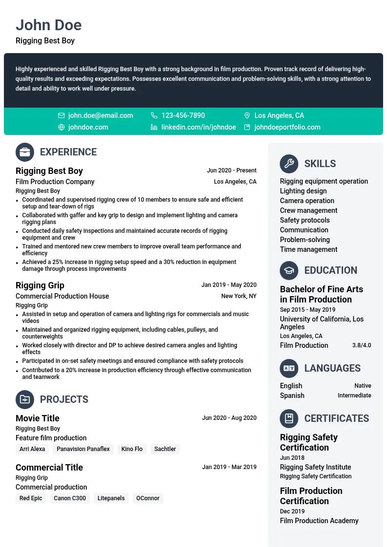 Rigging Best Boy resume example