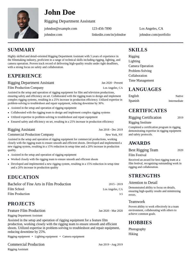 Rigging Department Assistant resume example
