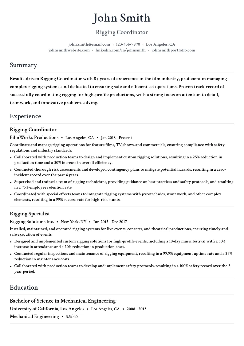 Rigging Coordinator resume example