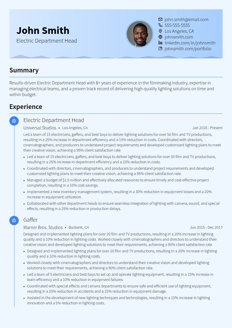 Electric Department Head resume example